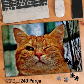 Asil Hobi Göz Kırpan Turuncu Kedi-Evcil Hayvanlar Yapboz-Ayak Destekli Çerçeveli 240 Parça Puzzle