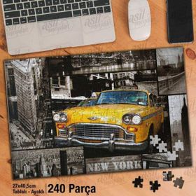 Asil Hobi Gri New York Şehir Kolajı-Sarı Araba Yapboz-Ayak Destekli Çerçeveli 240 Parça Puzzle
