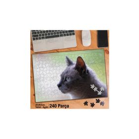 Asil Hobi Gri Tüylü Mavi Gözlü Kedi-Sevimli Hayvan Yapboz-Ayak Destekli Çerçeveli 240 Parça Puzzle