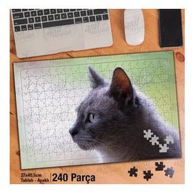 Asil Hobi Gri Tüylü Mavi Gözlü Kedi-Sevimli Hayvan Yapboz-Ayak Destekli Çerçeveli 240 Parça Puzzle