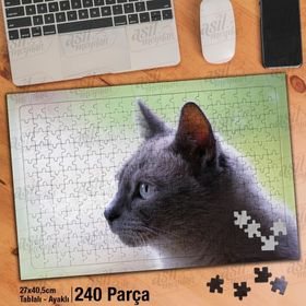 Asil Hobi Gri Tüylü Mavi Gözlü Kedi-Sevimli Hayvan Yapboz-Ayak Destekli Çerçeveli 240 Parça Puzzle
