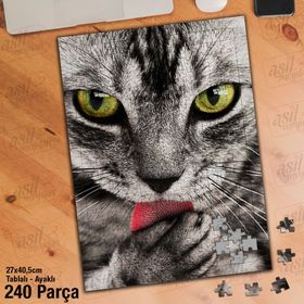 Asil Hobi Gri Tüylü Sevimli Kedi-Hayvan-Tekir Yapboz-Ayak Destekli Çerçeveli 240 Parça Puzzle