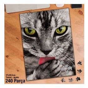 Asil Hobi Gri Tüylü Sevimli Kedi-Hayvan-Tekir Yapboz-Ayak Destekli Çerçeveli 240 Parça Puzzle