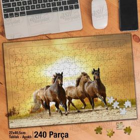 Asil Hobi Gün Batımı-Kahverengi Koşan Atlar Yapboz-Ayak Destekli Çerçeveli 240 Parça Puzzle