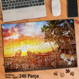 Asil Hobi Gün Batımı-Tatil Beldesi-Palmiye Ağacı Yapboz-Ayak Destekli Çerçeveli 240 Parça Puzzle