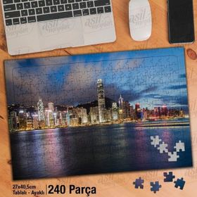 Asil Hobi Hong Kong-Çin-Gece-Kıyı-Manzara Yapboz-Ayak Destekli Çerçeveli 240 Parça Puzzle