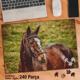 Asil Hobi Horse-Kahverengi At-Hayvan-Kır-Çimen Yapboz-Ayak Destekli Çerçeveli 240 Parça Puzzle