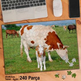 Asil Hobi İnek Ve Yavru Dana-Sevimli Hayvanlar Yapboz-Ayak Destekli Çerçeveli 240 Parça Puzzle