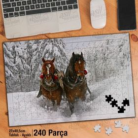 Asil Hobi Kahverengi Atlar-Kış-Kızak-Doğa Yapboz-Ayak Destekli Çerçeveli 240 Parça Puzzle