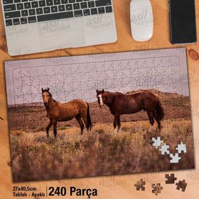 Asil Hobi Kahverengi İki At-Vahşi Yaşam-Hayvan Yapboz-Ayak Destekli Çerçeveli 240 Parça Puzzle