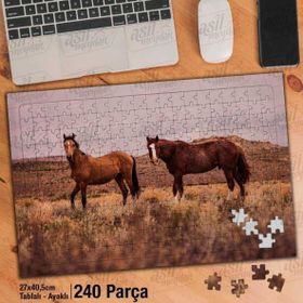 Asil Hobi Kahverengi İki At-Vahşi Yaşam-Hayvan Yapboz-Ayak Destekli Çerçeveli 240 Parça Puzzle