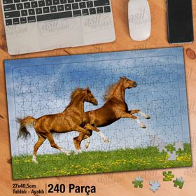 Asil Hobi Kahverengi Sevimli İki At-Doğa-Hayvan Yapboz-Ayak Destekli Çerçeveli 240 Parça Puzzle