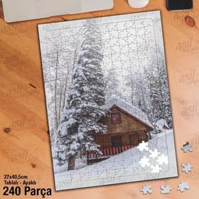 Asil Hobi Kar-Dağ Evi-Ağaç-Manzara Yapboz-Ayak Destekli Çerçeveli 240 Parça Puzzle