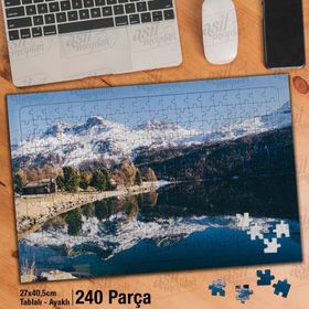 Asil Hobi Karlı Dağlar-Göl-Ağaçlar-Yansıma-Doğa Yapboz-Ayak Destekli Çerçeveli 240 Parça Puzzle