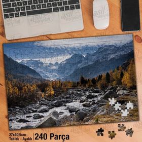 Asil Hobi Karlı Dağlar-Sararmış Çam Ağaçları Yapboz-Ayak Destekli Çerçeveli 240 Parça Puzzle