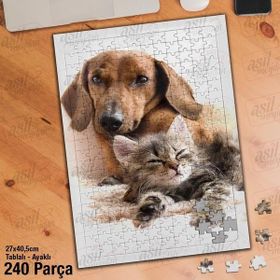 Asil Hobi Kedi Ve Köpek Dostluğu-Evcil-Hayvan Yapboz-Ayak Destekli Çerçeveli 240 Parça Puzzle