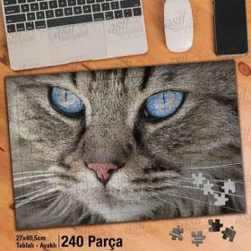 Asil Hobi Keskin Bakışlı Mavi Gözlü Kedi-Hayvan Yapboz-Ayak Destekli Çerçeveli 240 Parça Puzzle