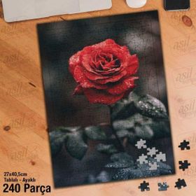 Asil Hobi Kırmızı Gül-Gonca-Çiçek-Su Damlaları Yapboz-Ayak Destekli Çerçeveli 240 Parça Puzzle