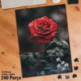 Asil Hobi Kırmızı Gül-Gonca-Çiçek-Su Damlaları Yapboz-Ayak Destekli Çerçeveli 240 Parça Puzzle
