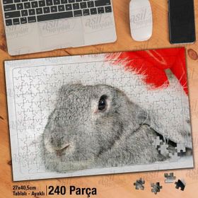 Asil Hobi Kırmızı Şapkalı Gri Tavşan-Sevimli Hayvan Yapboz-Ayak Destekli Çerçeveli 240 Parça Puzzle