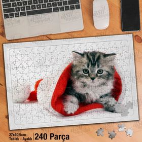 Asil Hobi Kırmızı Şapkanın İçinde Yavru Kedi-Hayvan Yapboz-Ayak Destekli Çerçeveli 240 Parça Puzzle