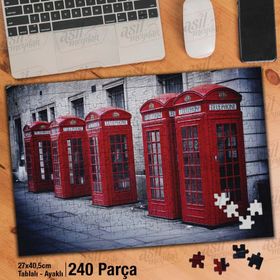 Asil Hobi Kırmızı Telefon Kulubeleri-Retro Yapboz-Ayak Destekli Çerçeveli 240 Parça Puzzle