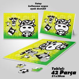 Asil Hobi Komik İnek Suratları-Hayvan Yapboz-Ayak Destekli Çerçeveli 42 Parça Puzzle