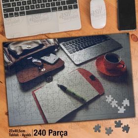 Asil Hobi Laptop-Bilgisayar-Kahve-Defter-Kalem Yapboz-Ayak Destekli Çerçeveli 240 Parça Puzzle