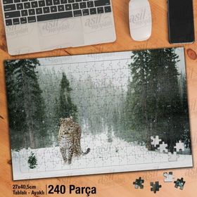 Asil Hobi Leopar-Kar-Kış-Vahşi Hayvanlar-Doğa Yapboz-Ayak Destekli Çerçeveli 240 Parça Puzzle