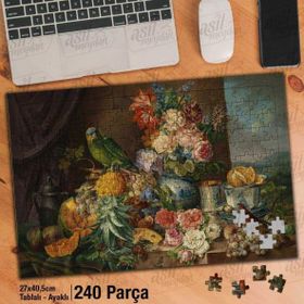 Asil Hobi Masadaki Çiçekler-Meyveler Ve Sevimli Kuş Yapboz-Ayak Destekli Çerçeveli 240 Parça Puzzle