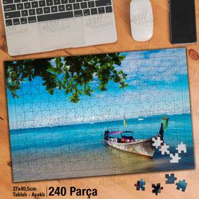 Asil Hobi Mavi Deniz-Gökyüzü-Ağaç-Tahta Kayık Yapboz-Ayak Destekli Çerçeveli 240 Parça Puzzle