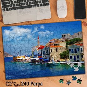 Asil Hobi Mavi Deniz-Sahil Kasabası-Tekne-Manzara Yapboz-Ayak Destekli Çerçeveli 240 Parça Puzzle