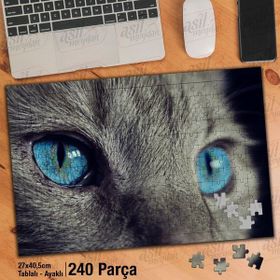 Asil Hobi Mavi Gözlü Kedi-Yakın Çekim-Hayvan Yapboz-Ayak Destekli Çerçeveli 240 Parça Puzzle
