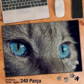 Asil Hobi Mavi Gözlü Kedi-Yakın Çekim-Hayvan Yapboz-Ayak Destekli Çerçeveli 240 Parça Puzzle