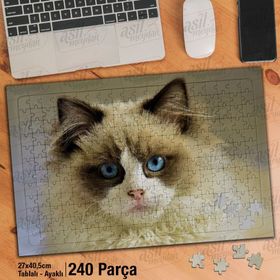 Asil Hobi Mavi Gözlü Sevimli Beyaz Kedi-Hayvan Yapboz-Ayak Destekli Çerçeveli 240 Parça Puzzle