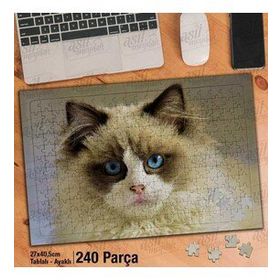 Asil Hobi Mavi Gözlü Sevimli Beyaz Kedi-Hayvan Yapboz-Ayak Destekli Çerçeveli 240 Parça Puzzle