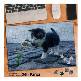 Asil Hobi Mavi Gözlü Sevimli Kedi-Çiçek-Sokak Yapboz-Ayak Destekli Çerçeveli 240 Parça Puzzle