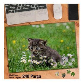 Asil Hobi Mavi Gözlü Yavru Kedi-Kır-Papatya Yapboz-Ayak Destekli Çerçeveli 240 Parça Puzzle