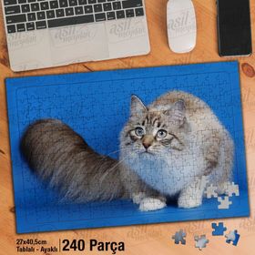 Asil Hobi Mavi Zemin Üzerinde Sevimli Kedi-Hayvan Yapboz-Ayak Destekli Çerçeveli 240 Parça Puzzle