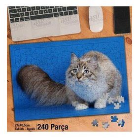 Asil Hobi Mavi Zemin Üzerinde Sevimli Kedi-Hayvan Yapboz-Ayak Destekli Çerçeveli 240 Parça Puzzle