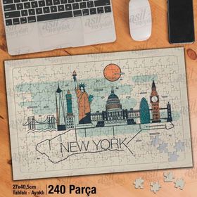 Asil Hobi New York-Vektörel Çizim Yapboz-Ayak Destekli Çerçeveli 240 Parça Puzzle