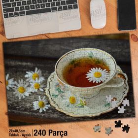 Asil Hobi Papatyalar-Çay Fincanı-Çay-İçecek Yapboz-Ayak Destekli Çerçeveli 240 Parça Puzzle
