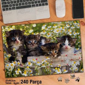 Asil Hobi Papatyalar-Sevimli Mavi Gözlü Kediler Yapboz-Ayak Destekli Çerçeveli 240 Parça Puzzle