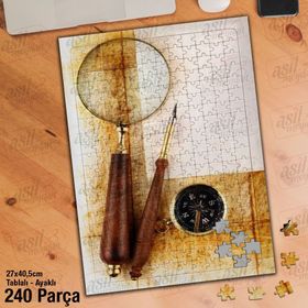 Asil Hobi Pusula-Eski Dokulu Kağıt-Büyüteç-Pusula Yapboz-Ayak Destekli Çerçeveli 240 Parça Puzzle