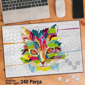 Asil Hobi Renkli Kedi Kafası-Hayvan Yapboz-Ayak Destekli Çerçeveli 240 Parça Puzzle