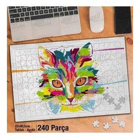 Asil Hobi Renkli Kedi Kafası-Hayvan Yapboz-Ayak Destekli Çerçeveli 240 Parça Puzzle