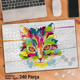 Asil Hobi Renkli Kedi Kafası-Hayvan Yapboz-Ayak Destekli Çerçeveli 240 Parça Puzzle