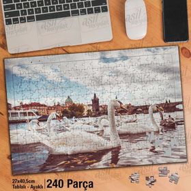 Asil Hobi Retro-Beyaz Kuğular-Deniz-Manzara Yapboz-Ayak Destekli Çerçeveli 240 Parça Puzzle