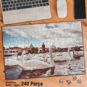 Asil Hobi Retro-Beyaz Kuğular-Deniz-Manzara Yapboz-Ayak Destekli Çerçeveli 240 Parça Puzzle
