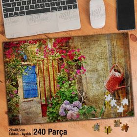Asil Hobi Retro-Mavi Kapı-Renkli Çiçekler Yapboz-Ayak Destekli Çerçeveli 240 Parça Puzzle